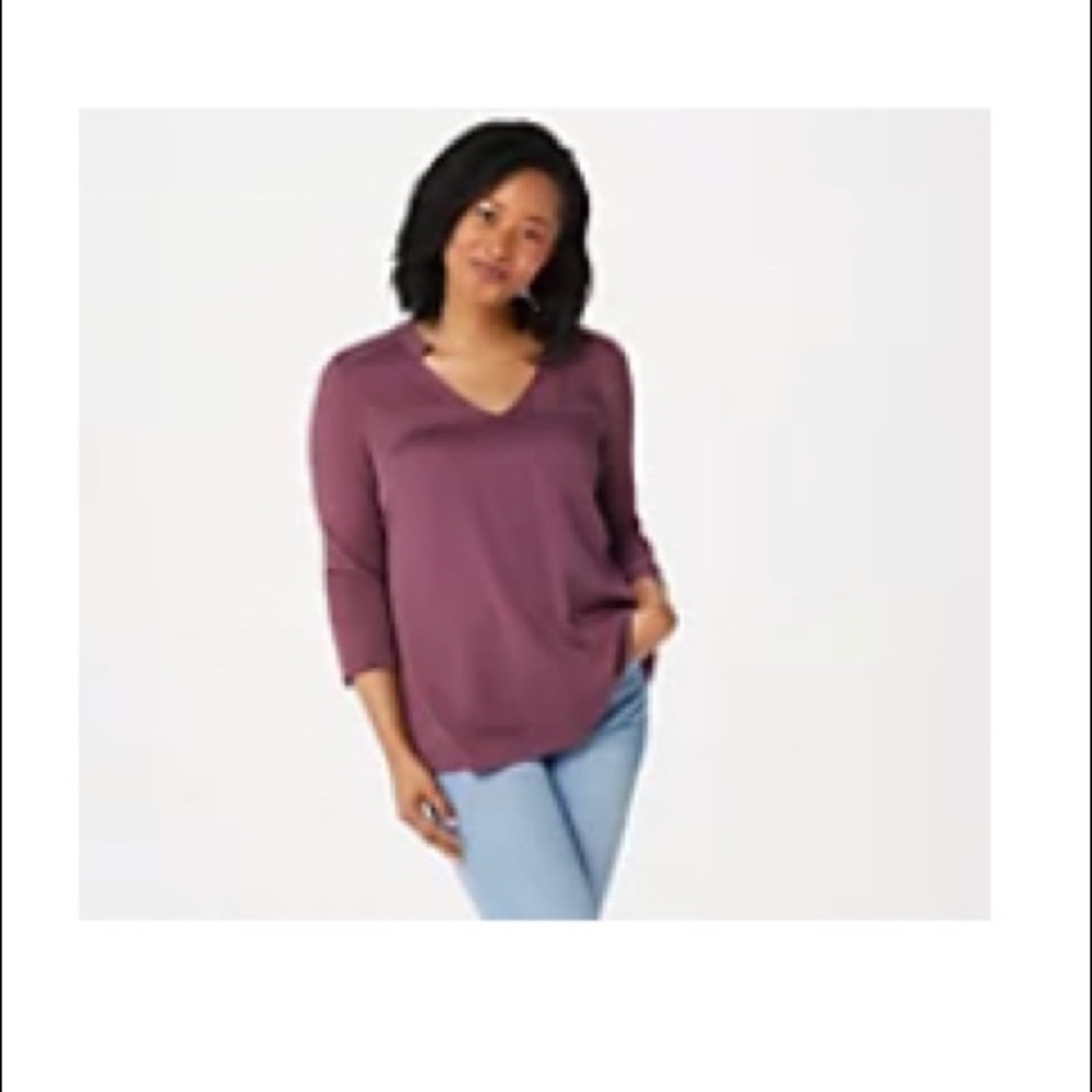 Lisa Rinna Collection Stretch Woven Open-Neck Blouse - Plum Wine